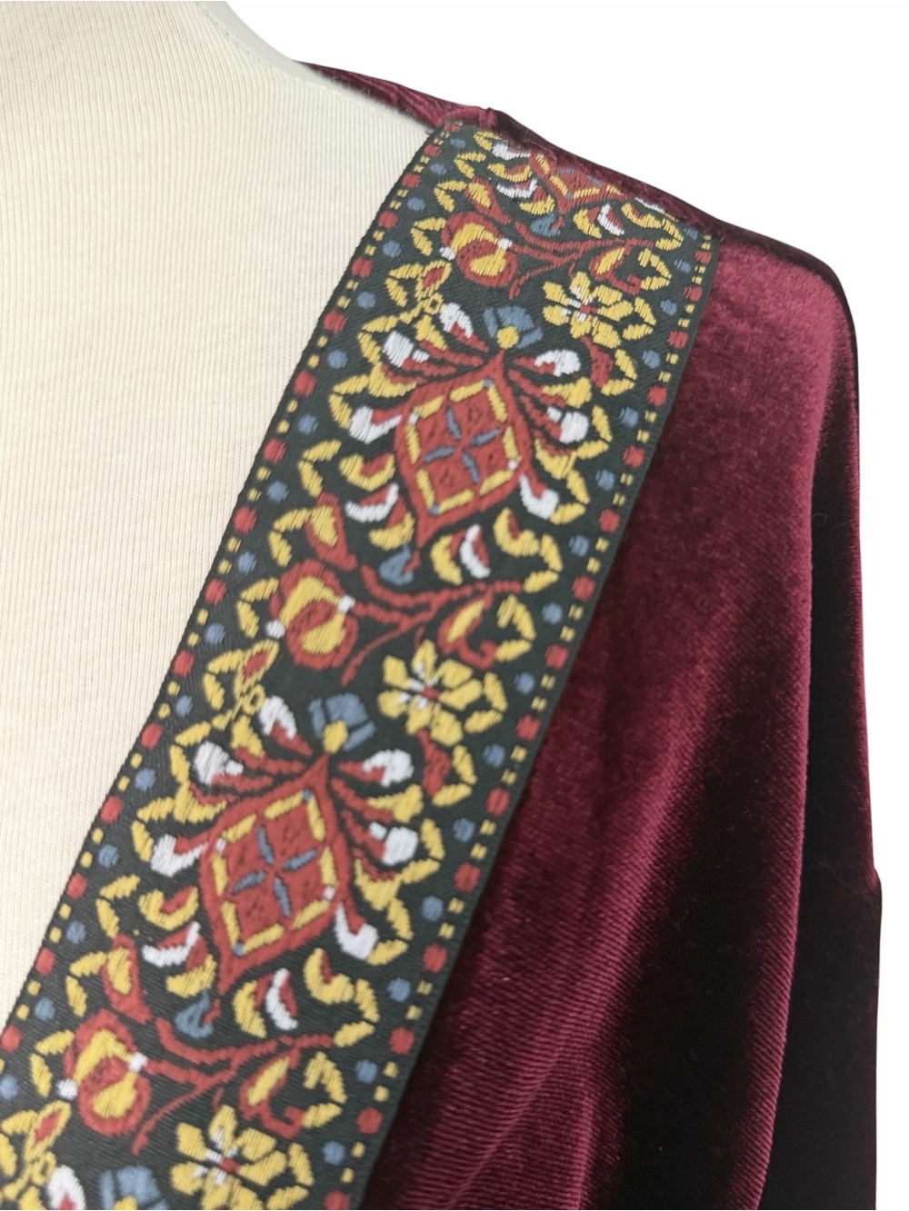 Rusttydustty Boho Embroidered Trim Velvet Open-Front Kimono - Burgundy Sz S SML - Picture 2 of 7